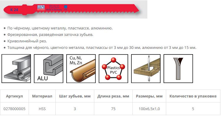 Пилка по металлу К 24 (5 шт; 100х6.5х1 мм; 75 мм; 8.5 TPI; HSS; до 30 мм) WILPU