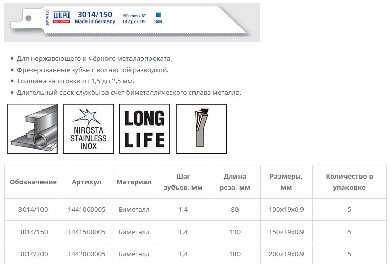 Полотно для сабельной пилы 3014/200 BiM для стали и нерж.ст. 1,5-2,5мм 5шт/уп /WILPU