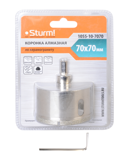 Коронка алмазная по керамограниту 70 х 70 мм,3гр. Хв., с центрир. Cверл. Sturm!