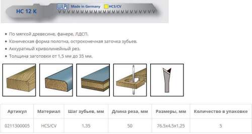 Пилка по дереву HC 12 K (5 шт; 76.5х4.5х1.25 мм; 50 мм; 19 TPI; HCS/CV; до 15 мм) WILPU