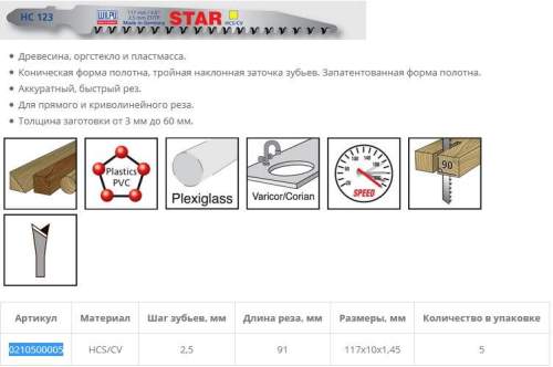 Пилка по дереву HC 123 (5 шт; 117х10х1.45 мм; 91 мм; 10 TPI; HCS/CV; до 60 мм) WILPU