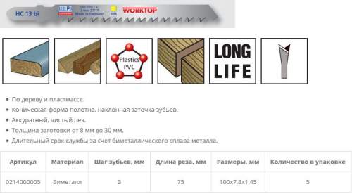 Пилка по дереву HC 13 bi (5 шт; 100х7.8х1.27 мм; 75 мм; 8.5 TPI; BiM до 40 мм) WILPU