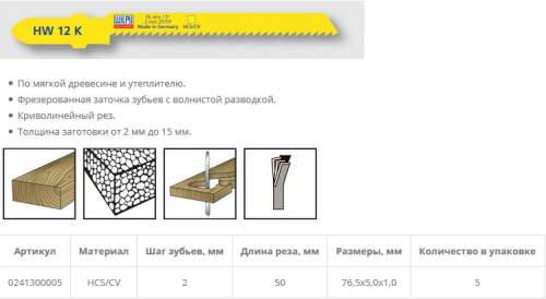 Пилка по изоляционным материалам HW 12 K (5 шт; 76х5х1 мм; 50 мм; 13 TPI; HCS/CV; до 15 мм) WILPU