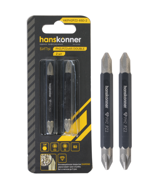 Биты двустор., PH2xPZ2x65мм, сталь S2, Diamond, 2шт,Hanskonner