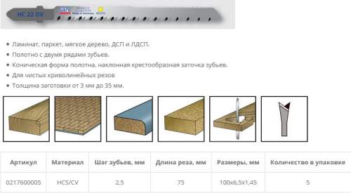 Пилка по ламинату HC 22 DV (5 шт; 100х6.5х1.45 мм; 75 мм; 10 TPI; HCS/CV) WILPU