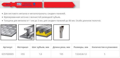 Пилка по металлу MG 31 (5 шт; 132х9.8х1 мм; 105 мм; 25 TPI; BiM; труба до 80 мм) WILPU