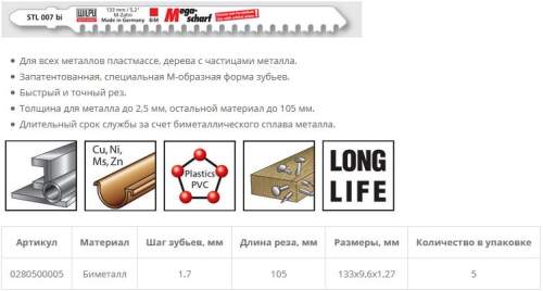 Пилка по металлу STL 007 bi (5 шт; 133х9.6х1.27 мм; 105 мм; BiM; от 2,5 мм) WILPU