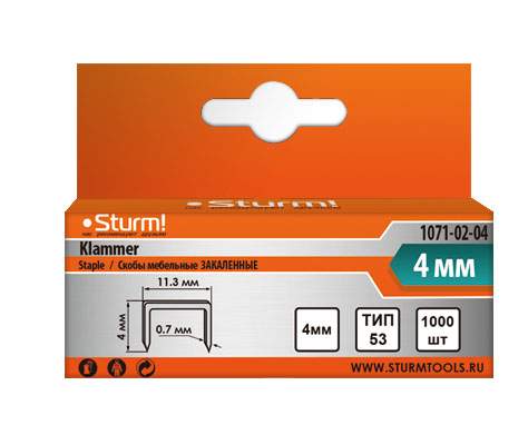 Скобы для степлера 4мм (тип 53), 1000шт,оцинкованные,закаленные, Sturm!