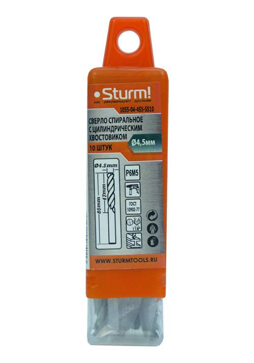 Сверло по металлу Sturm! 4,5х80мм, сталь HSS, упаковка 10 шт